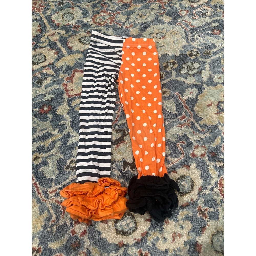 Mud Pie Leggings Girls 4T Orange Black Stripe Polka Dot Ruffle EUC